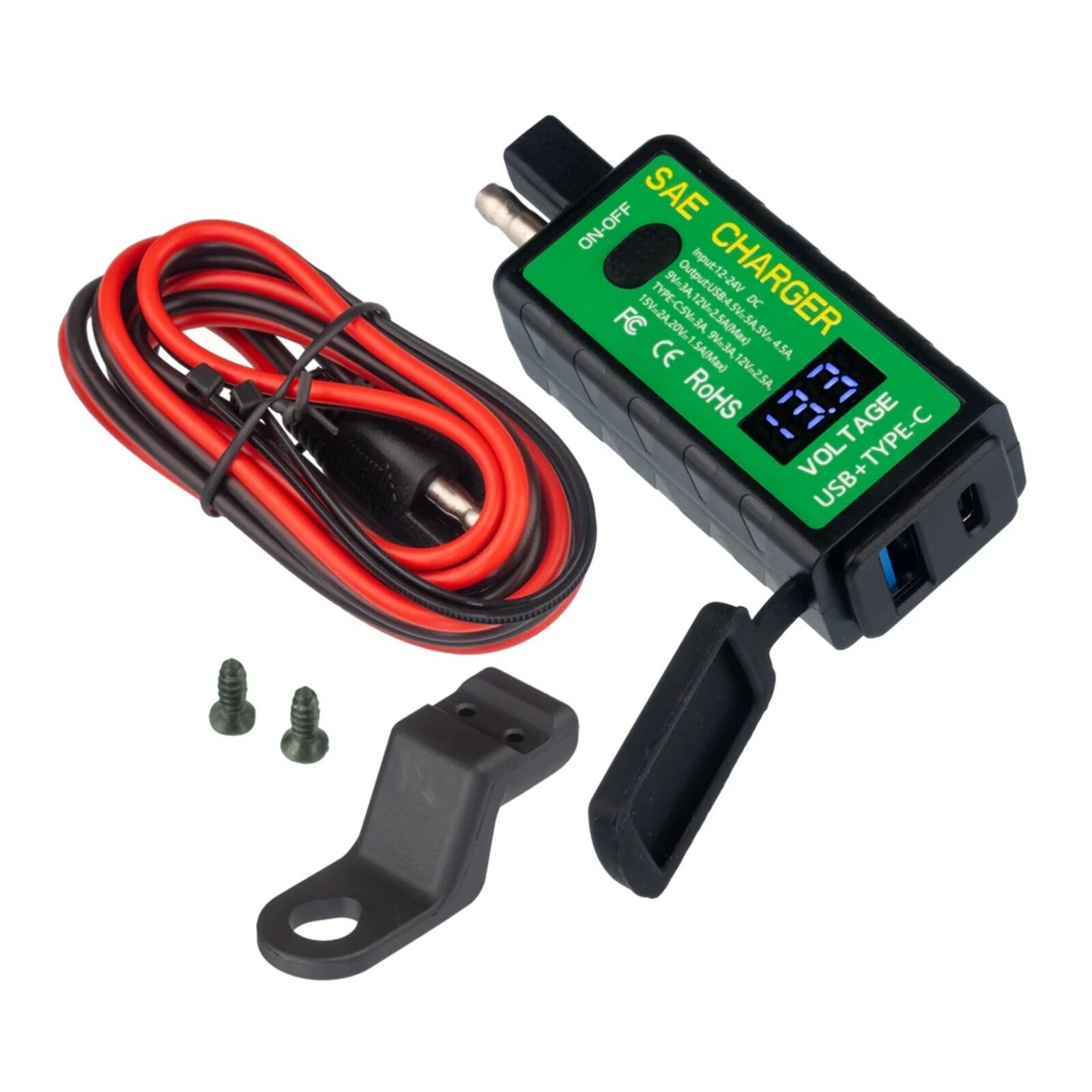 MotoPlug SAE to USB with Voltmeter - 1x USB A & 1x USB C Port