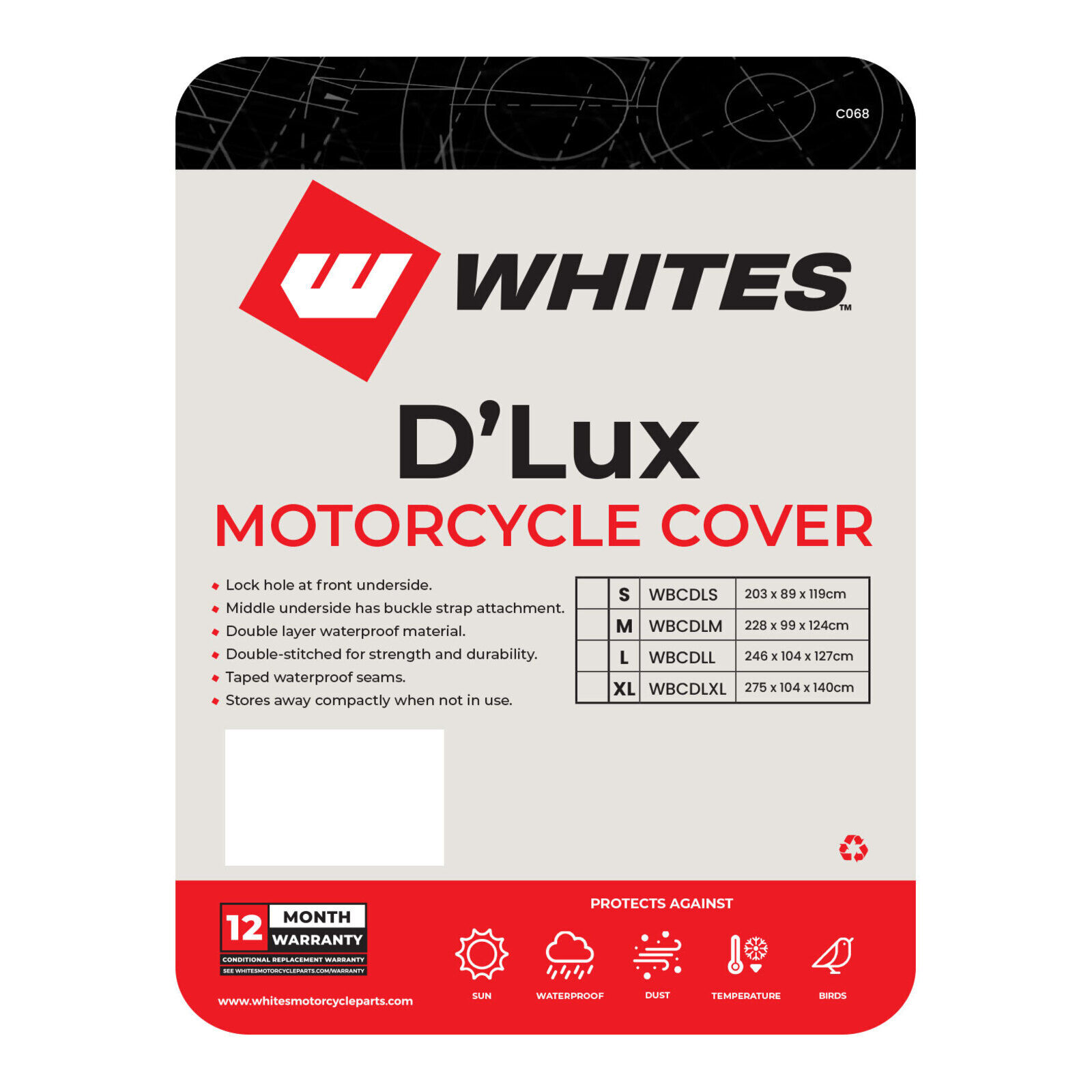 Whites Motorcycle Cover - D'Lux (M) 228 x 99 x 124cm